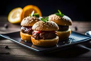 three mini burgers on a black plate. AI-Generated photo