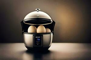 an electric pressure cooker with four eggs in it. AI-Generated photo