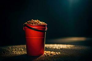 a red bucket filled with corn on a dark background. AI-Generated photo