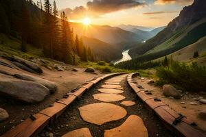 a path leading to a mountain valley at sunset. AI-Generated photo