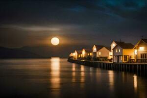 a full moon shines over a pier and houses. AI-Generated photo