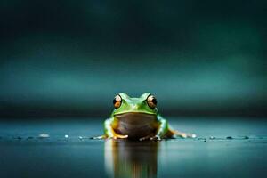a frog sitting on the ground in front of a dark background. AI-Generated photo