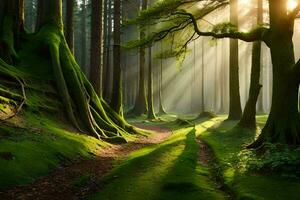 un camino mediante un bosque con luz de sol brillante mediante el arboles generado por ai foto