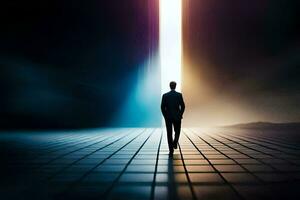 a man in a suit walks into a light tunnel. AI-Generated photo