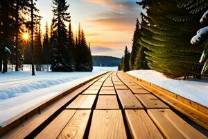 a wooden path leads to the sun in the winter. AI-Generated photo