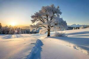 un árbol en el nieve a puesta de sol. generado por ai foto