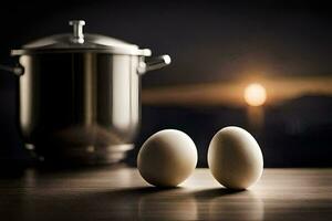 two eggs sit on a table in front of a pot. AI-Generated photo