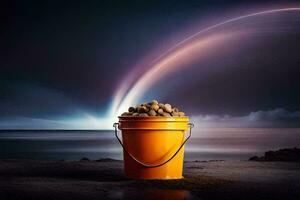 a bucket of potatoes on the beach with a rainbow. AI-Generated photo