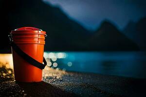 a red bucket sitting on the beach at night. AI-Generated photo