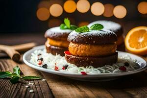 two cakes with orange slices and spices on a plate. AI-Generated photo