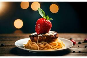 the food is served on a plate with a strawberry and a slice of cheese. AI-Generated photo