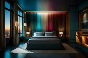 a modern bedroom with colorful lights. AI-Generated photo