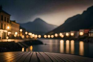 a wooden boardwalk in front of a lake at night. AI-Generated photo
