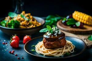 spaghetti with meatballs and sauce on a plate. AI-Generated photo