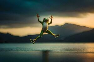 a frog jumping into the air in front of a lake. AI-Generated photo