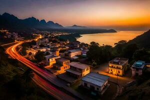 un pueblo y montañas a puesta de sol. generado por ai foto