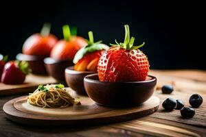 strawberries and pasta in bowls on a wooden table. AI-Generated photo