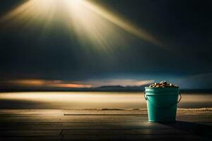 a bucket of nuts on a wooden deck overlooking the ocean. AI-Generated photo