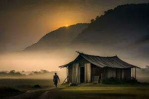 a man walks past a hut in the fog. AI-Generated photo