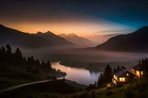 photo wallpaper the sky, mountains, fog, lake, house, the mountains, the lake,. AI-Generated