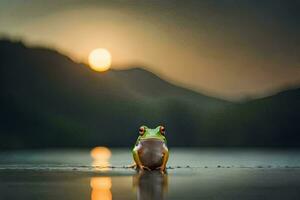 un rana sentado en el borde de un lago a puesta de sol. generado por ai foto