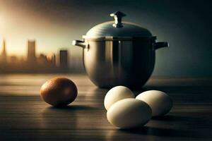 eggs and a pot on a table with a city in the background. AI-Generated photo