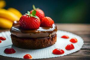 un chocolate pastel coronado con fresas y plátanos generado por ai foto