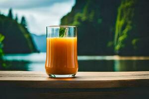 a glass of orange juice sitting on a table in front of a lake. AI-Generated photo