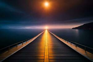 a long pier with a sun shining over it. AI-Generated photo