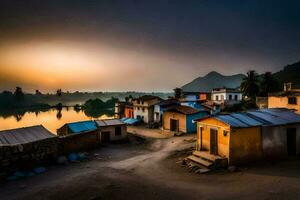 un pueblo a puesta de sol con casas y un río. generado por ai foto