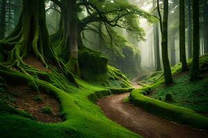 un camino mediante un bosque con cubierto de musgo arboles generado por ai foto