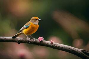 un pequeño pájaro es sentado en un rama con rosado flores generado por ai foto