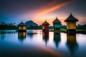 three colorful huts sit on the shore of a lake. AI-Generated photo