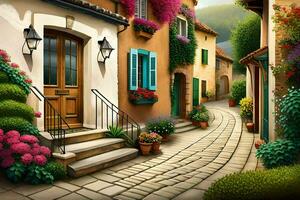 a painting of a street with flowers and plants. AI-Generated photo