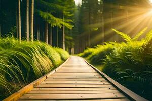 a wooden path through a forest with sun shining through the trees. AI-Generated photo