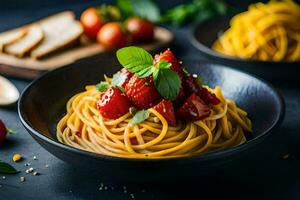 spaghetti with strawberries and basil. AI-Generated photo