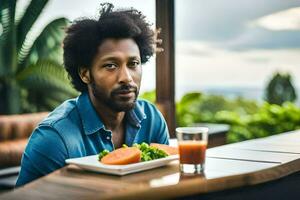 a man with an afro hairstyle sits at a table with a plate of food. AI-Generated photo