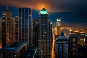 el ciudad horizonte a noche con un verde ligero. generado por ai foto