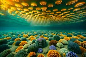a colorful underwater scene with many different types of corals. AI-Generated photo
