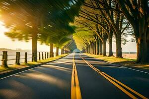 un largo la carretera con arboles y un Dom ajuste. generado por ai foto