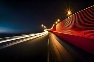 un largo exposición fotografía de un autopista a noche. generado por ai foto