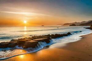 el Dom sube terminado el Oceano y rocas en el playa. generado por ai foto