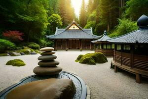 a japanese garden with stone pagoda and rocks. AI-Generated photo