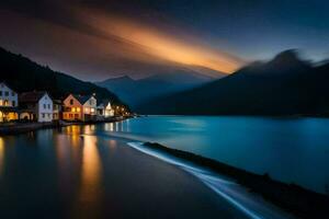 un pueblo en el agua a noche. generado por ai foto