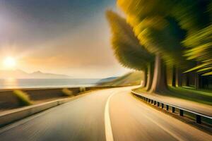 un borroso imagen de un la carretera con arboles y el Dom. generado por ai foto