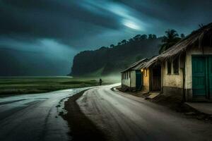 a road in the rain with a hut and a house. AI-Generated photo