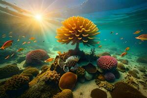 the sun shines over coral reefs and fish. AI-Generated photo