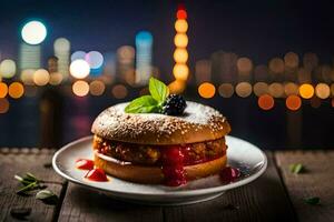 a burger with berries and mint on a plate with a cityscape in the background. AI-Generated photo