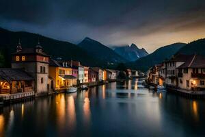 a river in the mountains at night with houses and boats. AI-Generated photo