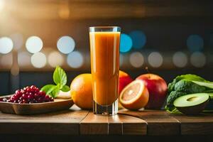 an orange juice and some fruits are on a table. AI-Generated photo